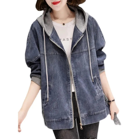 Sonicelife Women's Denim Jacket 2025 New Spring Autumn Fashion Korean Long Sleeve Jeans Coat Casual Hooded Baseball Uniform Top Clothes