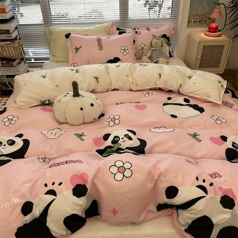 Sonicelife Cute Kids Duvet Cover Pillowcase Flat Sheet Kit No Filling Rabbit Flowers Panda Single Queen Size Bedding Set for Girls Boy Gift