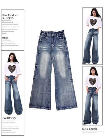 Sonicelife 2025 Summer New Elegant Retro Y2k American Straight Outwear Denim Pants Women High-waist Causal 2000s Korean Fashion Jeans Chic