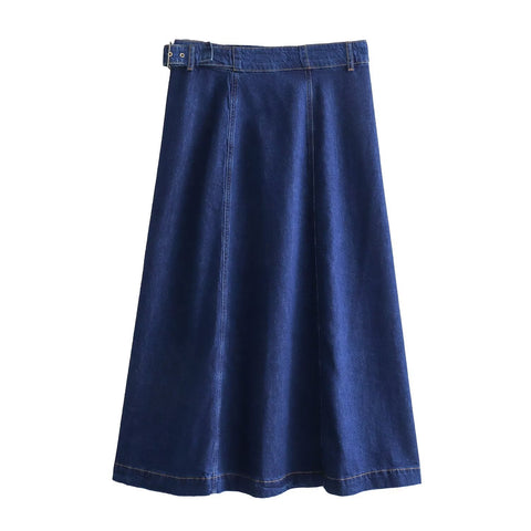 Sonicelife Women's New Half Skirt with Side Waistband Decoration, Fashionable and Casual, Versatile Denim Midi Skirt