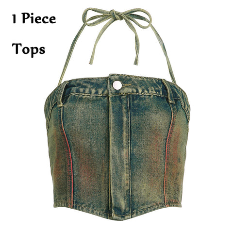 Sonicelife 2 Piece Tie Dye Washed Denim Bustier Tops Cargo Pants Women Sets Halter Crop Top Baggy Pants Jeans Hiphop Cool Two Piece Outfits