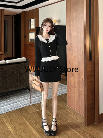 Sonicelife 2025 Autumn Vintage Black 2 Piece Set Skirt Casual Sweater Tops + Sexy Bodycon Mini Skirt Korean Fashion Knitted Suit Woman Slim