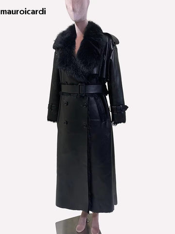 christmas outfit Sonicelife Nerazzurri Winter Long Oversized Thickened Warm Black Fluffy Faux Sheepskin Coat Women Double Breasted Loose Furry Overcoat 2025