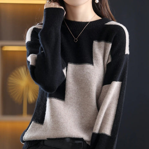 Sonicelife O-Neck Casual Loose Sweater Women Autumn Winter Women Patchwork Knit Warm Sweater Cashmere Long Sleeve Thermal Pullovers