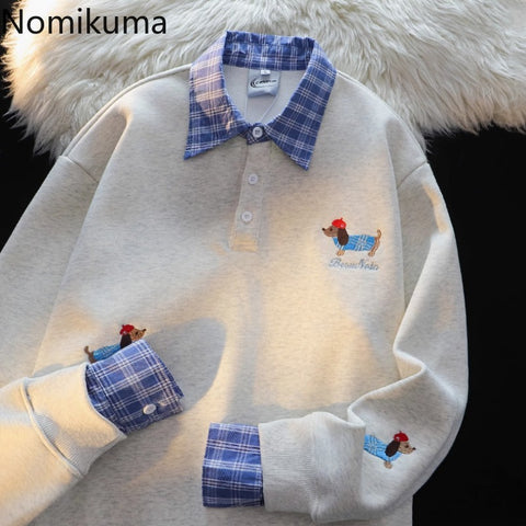Sonicelife Anime Hoodie 2025 Women's Clothing Fake Two Y2k Tops 2025 Ropa Mujer Embroidery Dog Sweatshirts Casual Fashion Korean Hoodies