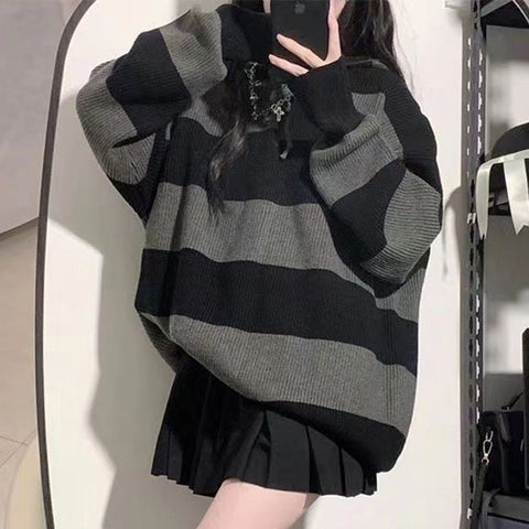 Sonicelife Streetwear Striped Sweater Women Oversized Knitted Pullovers Harajuku Korean Loose Knitwear Winter Fashion Casual Jumpers New