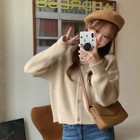 Sonicelife Korean Sweet Cardigan Women Long Sleeve Fashion Elegant Knitted Tops Casual O Neck Single Breasted Female Casual Cardigan