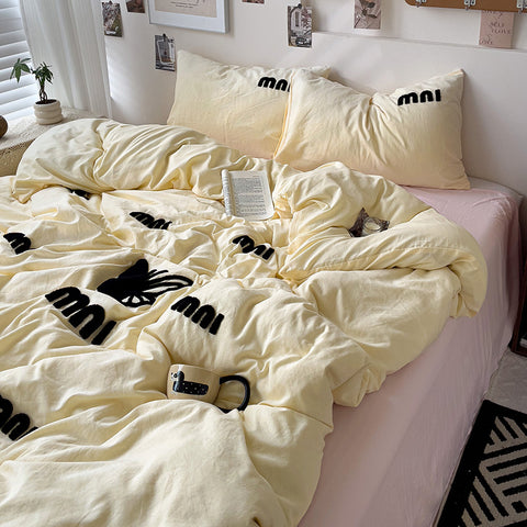 Sonicelife Ins Nordic Letter Butterfly Duvet Cover Set Quilt Set Bed Sheet Set Home Luxury Yellow Embroidery Bedding Set Bed Sheets