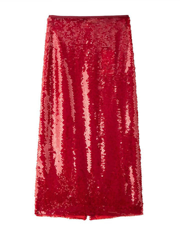 Sonicelife Fashion Red Sequins Skirt For Women Solid Long High Waist Skirt 2025 New Year Christmas Lady Street New Dress