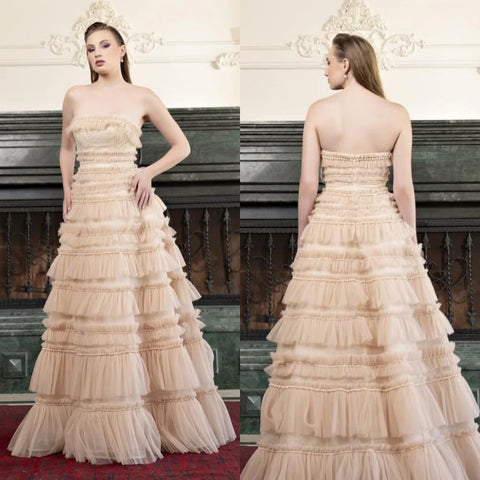 Sonicelife Customized Retro Net Pleat Tiered A-line Strapless Long Dresses Evening Dresses Classic Exquisite Modern Style Pastrol Unisex Ch (PRE-ORDER)