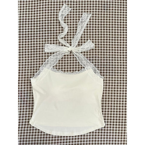 Sonicelife Kawaii Lace Camis Crop Top Cute Girl Clothing Summer Casual Korea Backless Harajuku 90s Vintage Tank Tops Sweet Y2k Tee Coquette
