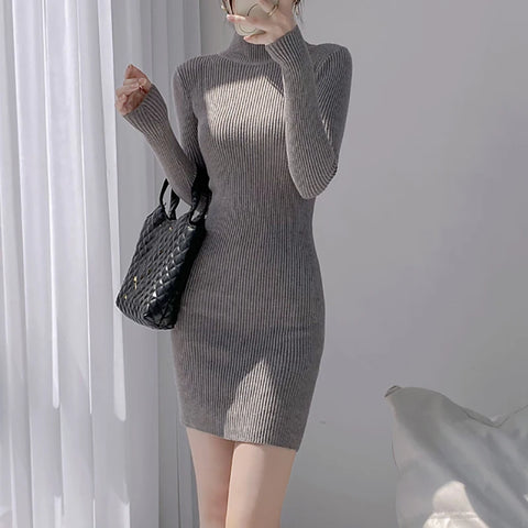 Sonicelife Mock Neck Solid Slim Sweater Dress Long Sleeve Knit Sexy Bodycon Dress Basic Casual Dress for Women Autumn Winter