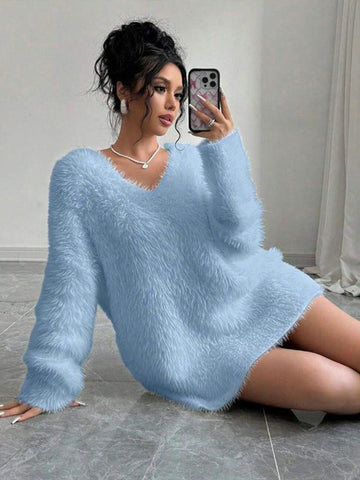 Black Friday Sonicelife Casual Plush V-neck Long Sweaters Women Elegant Loose Solid Long Sleeve Pullover Sweater Female Winter Autumn Chic Daily Tops