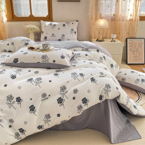 Sonicelife European style floral washed cotton four piece bedding set, student dormitory bedding set, bed sheets, pillowcases, three piece