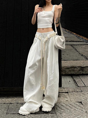 Sonicelife Y2K Casual Wide Leg Pants Women American High Street Fashion Sweatpants White Loose All Match Pleated Trousers Female New