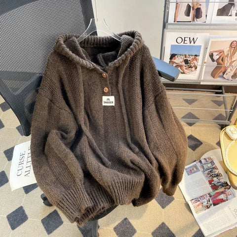 Black Friday Sonicelife Korean Knitted Hooded Sweater Women Fall Winter Long Sleeved Warm Buttons Loose Pullover Solid Harajuku Lazy Sprots Sweatshirt