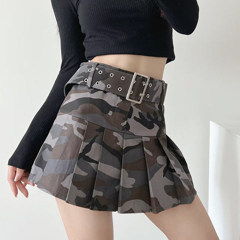 Sonicelife Summer Women Camouflage Pleated Mini Skirts Dance Lady School High Waist Belt Pink Camo Pleated Skirt Cosplay A Line Cute Skirts