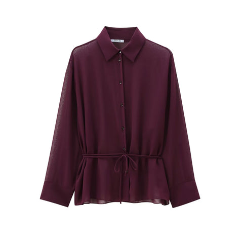 Sonicelife Women's Wine Red Shirt with Bow Tie Long-sleeved Top Slim Temperament Shirt Commuter Top Single Breasted Design New