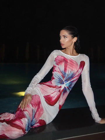 Sonicelife Elegant Printed Slim Fit Long Dress Fashion Round Neck Full Sleeve See Through Robes New Female Summer Party Club Vestidos 2025