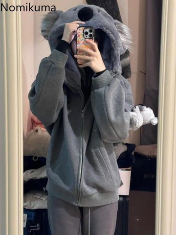 Sonicelife Bear Hooded Sweatshirts Jackets for Women 2025 Autumn Winter Clothing Korean Fashion Cute Y2k Tops Casual Zipper Hoodies Coats