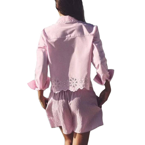 Sonicelife Striped Shirt with Hollow out Embroidery for Women Sweet Temperament Single Breasted, Long Sleeved Top Pink New
