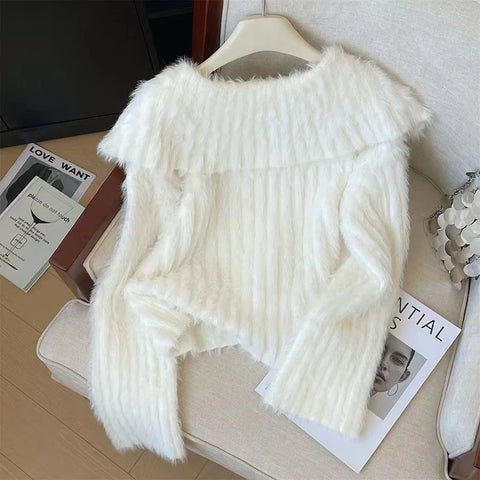 Black Friday Sonicelife Faux Mink Cardigan Women White Single-Breasted Elegant Solid Basic Sweater Doll Collar Lazy Vertical Pit Stripes Knit Jumpers