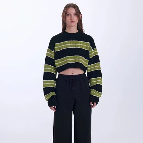 Black Friday Sonicelife Y2K Green Striped Crop Knit Sweater Women Korean Vintage Streetwear Long Sleeve Pullover Female Loose All-Match Short Jumper