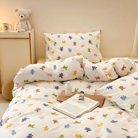 Sonicelife Korean Style Bedding Set Boys Girls Twin Queen Size Duvet Cover Flat Sheet Pillowcase Bed Linens Kids Adult Fashion Home Textile