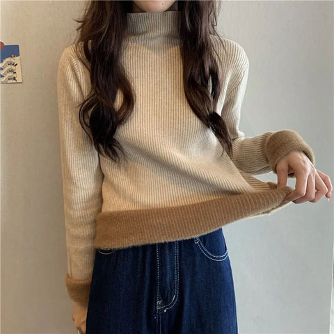 Black Friday Sonicelife Fall Warm Slim Women Sweater Korean Casual Mock Neck Thick Velvet Knit Pullover Solid Soft Basic All Match Knitwear Jumper New