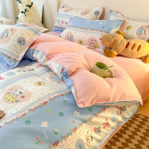 Sonicelife Cute Bear Bedding Set No Filler Full Queen Size Duvet Cover Flat Sheet Pillowcase Kids Adults Fashion Soft Comforter Cover