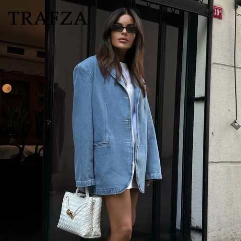 thanksgiving outfit Sonicelife 2024 Spring Summer Casual Women Denim Blazers Fashion Vintage Solid Shrug Loose Single Breasted Chic Ladies Blazers