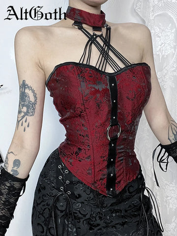 Sonicelife Mall Gothic Velevt Halloween Camisole Women Streetwear Vintage Jacquard Pu Patchwork Hollow Out Halter Crop Tank Tops