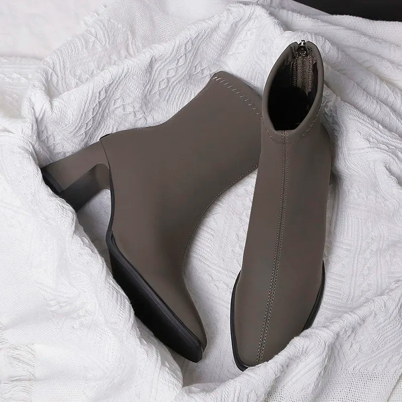 Sonicelife 2025  New Autumn Winter Ankle Women High Heel Boots Fashion Thick Short  Square  Black
