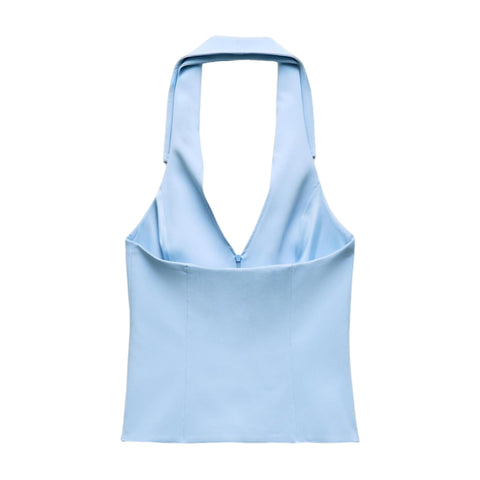 Sonicelife Women's Casual Versatile T-shirt Hanging Neck Top V-neck Zipper Design Fashion and Elegance New Style