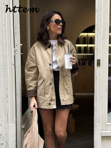 Sonicelife Casual Patchwork Cargo Jacket Women Contrast Lapel Single Breasted Pocket Full Sleeve Coat 2024 Autumn Winter Lady Retro Outwear