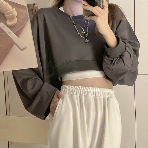 Sonicelife Streetwear Women Sexy Solid Cropped Sweatshirts Oversize Loose Harajuku BF Pullovers Spring Korean Chic Casual Y2k Tops