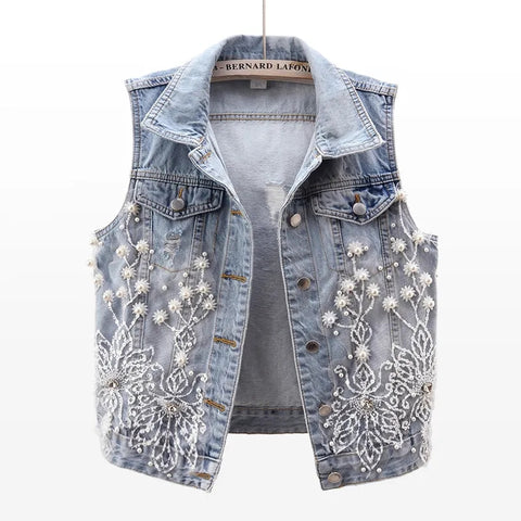 Sonicelife Women Denim Vest 2025 Pearls Fashion Ripped Autumn Jeans Jacket Sleeveless Loose Short Coat Causal Waistcoats Outwear Tops