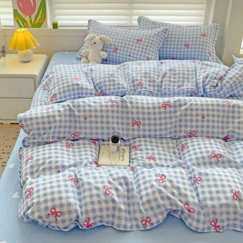 Sonicelife Classic Plaid Bedding Set 2024 Blue Pink Twin Queen Duvet Cover Flat Sheet Pillowcase No Filler Girl Boys Hotel Home Bed Linens