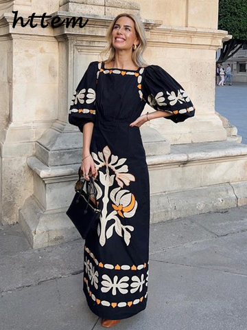 Sonicelife Fashion Print Square Collar Long Dress Women Loose Puff Sleeve Hollow Out Female Dresses 2024 Summer Lady Elegant Holiday Robes