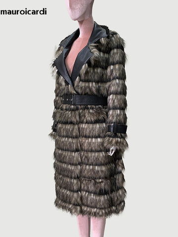 christmas outfit Sonicelife Spring Winter Long Thick Warm Soft Fluffy Hairy Striped Faux Fox Fur Coat Women Luxury Elegant Chic Furry Overcoat