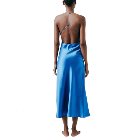Sonicelife Women's New Printed V-Neck Hanging Neck Long Dress Silk Satin Texture Open Back Sexy Underwear Dress
