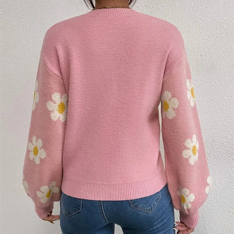 christmas outfit Sonicelife Autumn Winter New College Style Flower Knitted Coat Loose Fashion Round Neck Pullover Print Long Sleeve Sweater Women's Tops