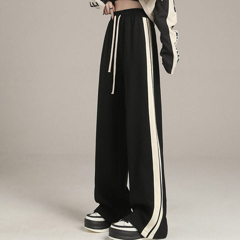 Sonicelife Korean Fashion Wide Leg Pants Women Casual High Street Striped Straight Pants Autumn New All Match Loose High Waist Trousers
