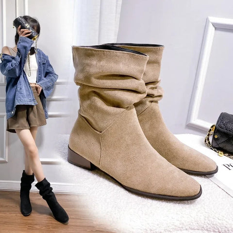 Sonicelife Knight  Women's 2025  Thick Heels Spring, Autumn, and Winter High Barrel and Thin Retro Slim Wrinkle Stacked Long Boots