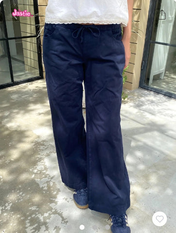 Sonicelife American Vintage Y2K Drawstring Straight Pant Navy Blue Pocket Casual Woman Trouser Fashion Sportwear Wide Lge Pant Fall Spring