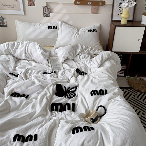 Sonicelife Ins Nordic Letter Butterfly Duvet Cover Set Quilt Set Bed Sheet Set Home Luxury Yellow Embroidery Bedding Set Bed Sheets