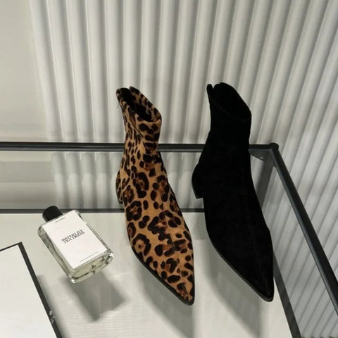 Sonicelife 2025 Zippers Fashion Pointed Toe Women Ankle Boots With Low Heel Shoes Female Leopard Print Footwear Ladies Stretch Modern Boots