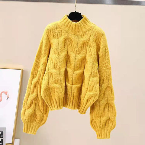 Black Friday Sonicelife Twist Sweater Women Lantern Long-Sleeved Loose Lazy Chic Fall Winter Korean Knitted Casual O-Neck Pullover Female Sweet Jumpers