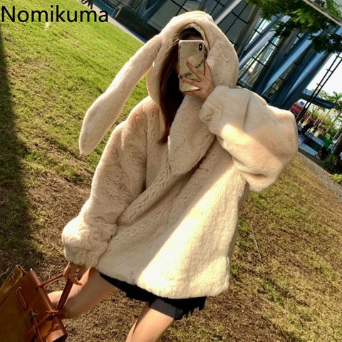 Sonicelife Winter Oversized Warm White Faux Fur Coats Women Clothes Bunny Ears Kawaii Sweet Cute Japanese Y2k Tops Fluffy Jacket Hoodie