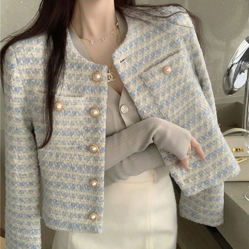 Sonicelife Vintage Crop Jackets Women Autumn Winter French Elegant Loose Preppy Style Coat O Neck All Match Casual Striped Jacket Tops